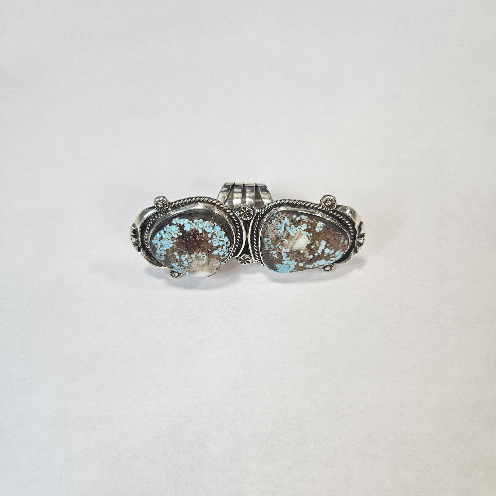 Nevada Blue two-stone turquoise statement ring with heavy sterling silver work — Navajo handcrafted by Teddy
