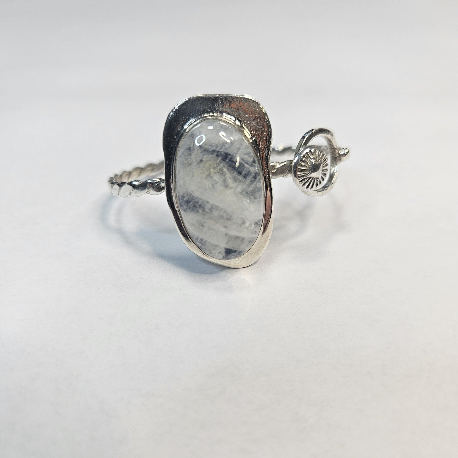 Rainbow quartz cabochon sterling silver cuff bracelet — Navajo handcrafted by Teddy