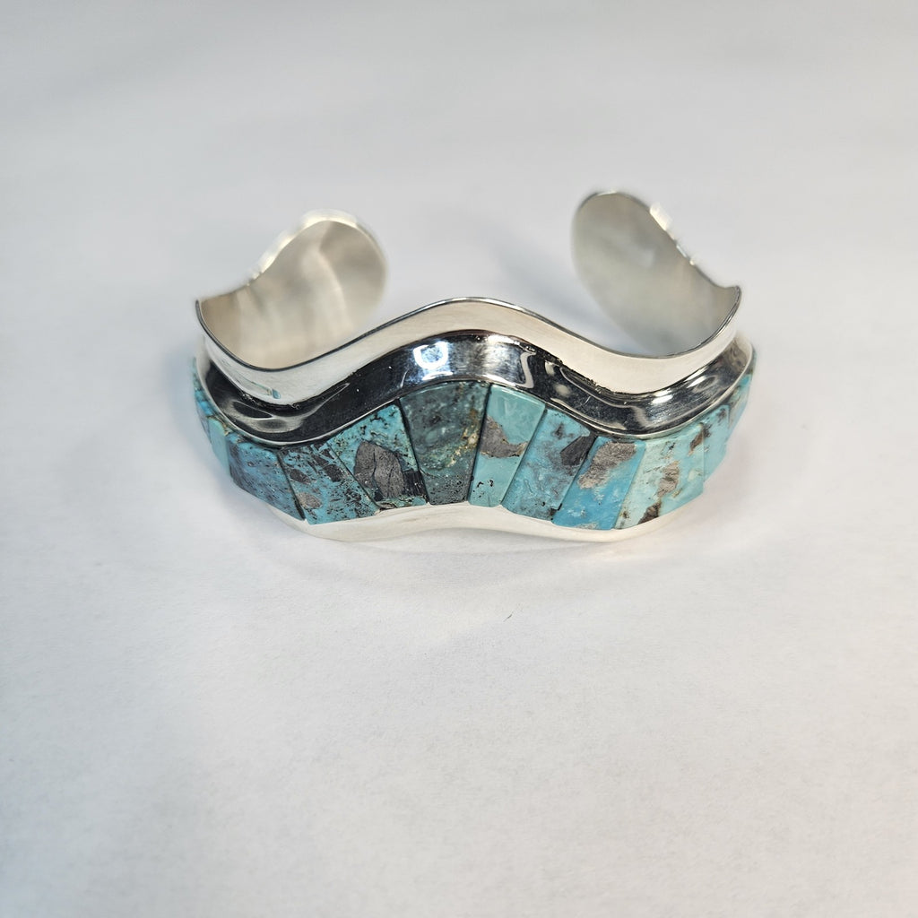 Blue Diamond turquoise channel inlay sterling silver cuff bracelet — Navajo handcrafted by Teddy