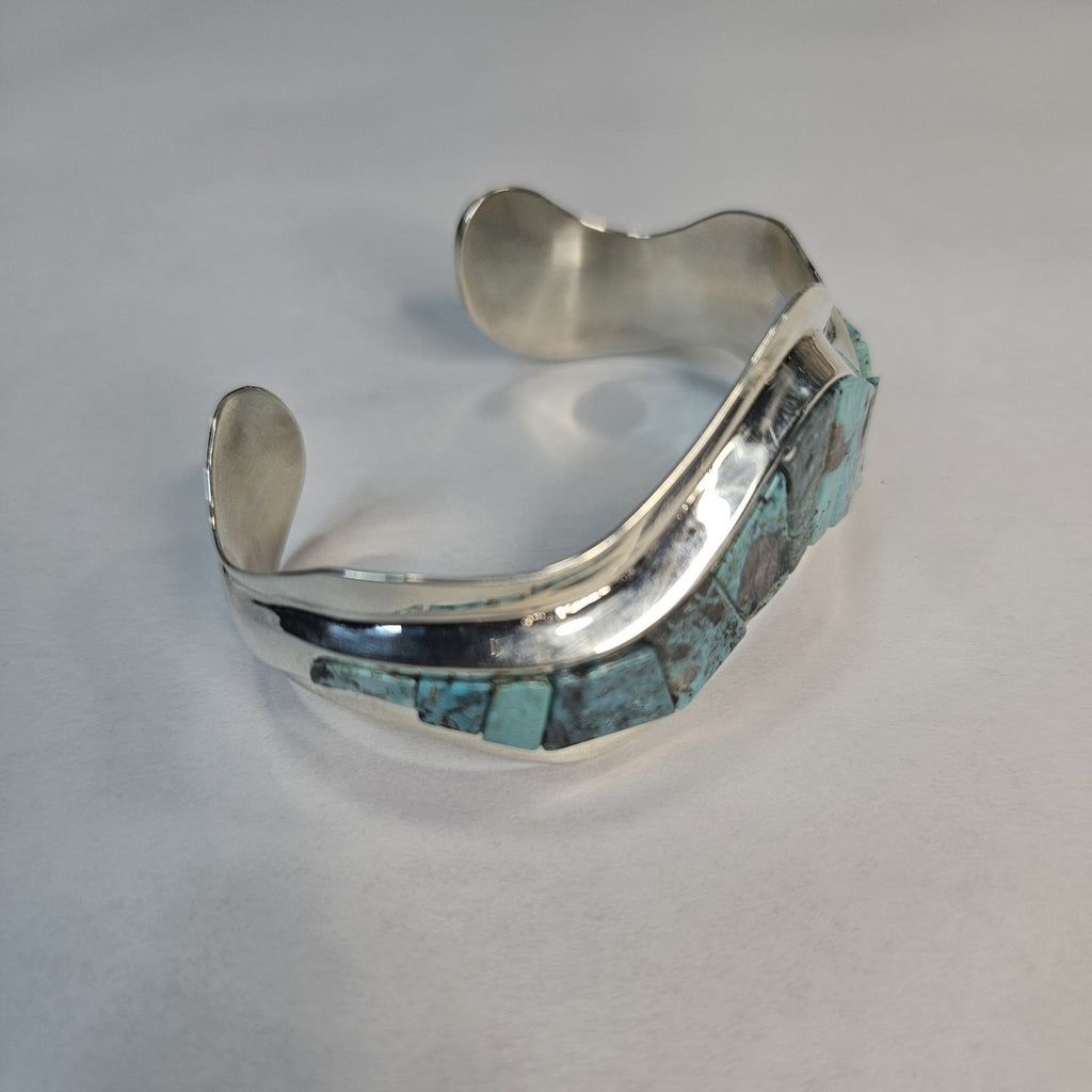 Blue Diamond turquoise channel inlay sterling silver cuff bracelet — Navajo handcrafted by Teddy