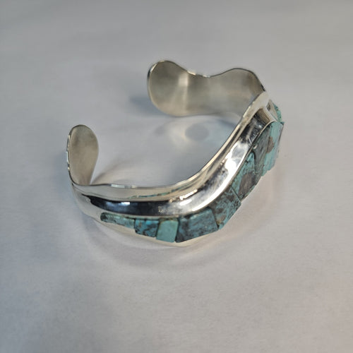 Blue Diamond turquoise channel inlay sterling silver cuff bracelet — Navajo handcrafted by Teddy