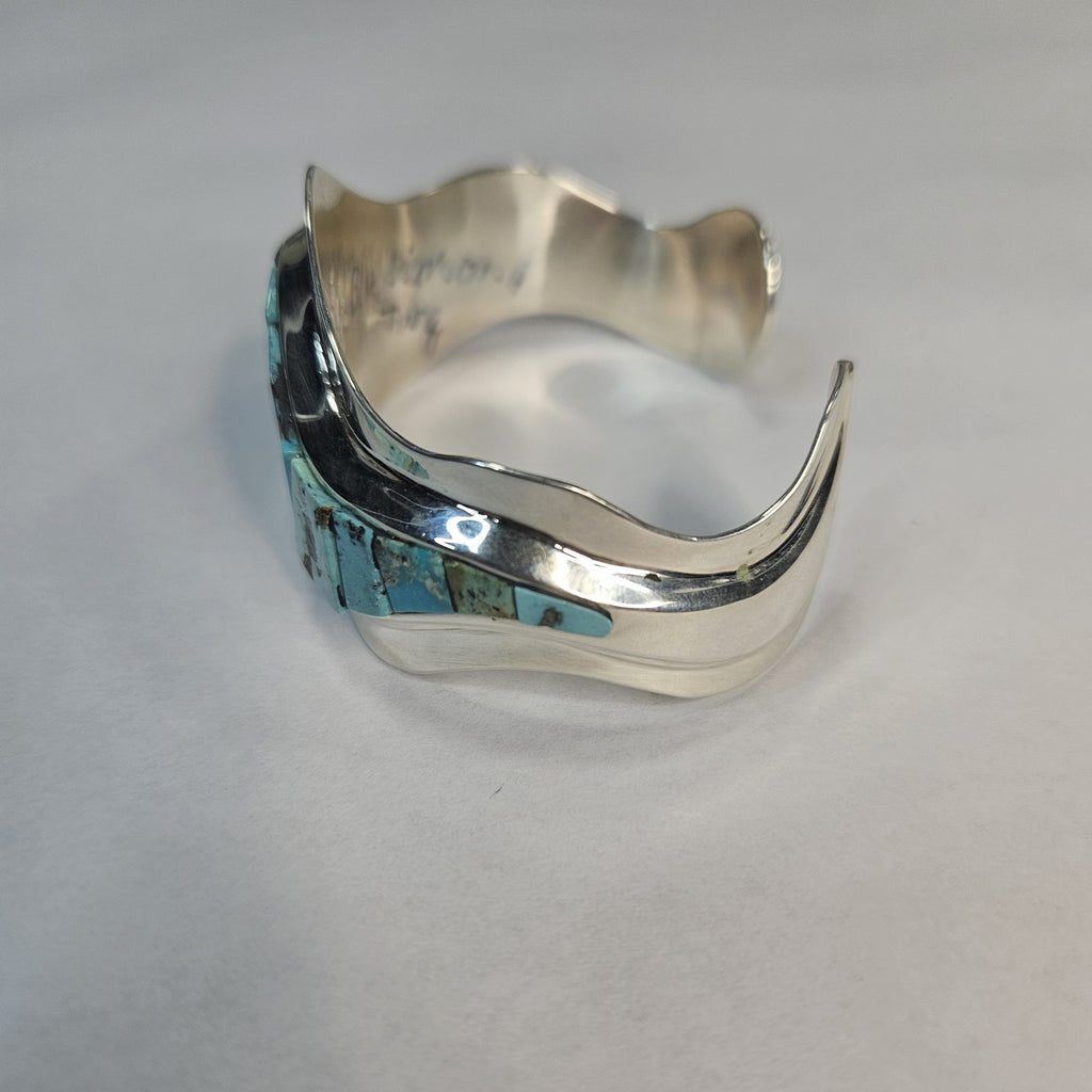 Blue Diamond turquoise channel inlay sterling silver cuff bracelet — Navajo handcrafted by Teddy