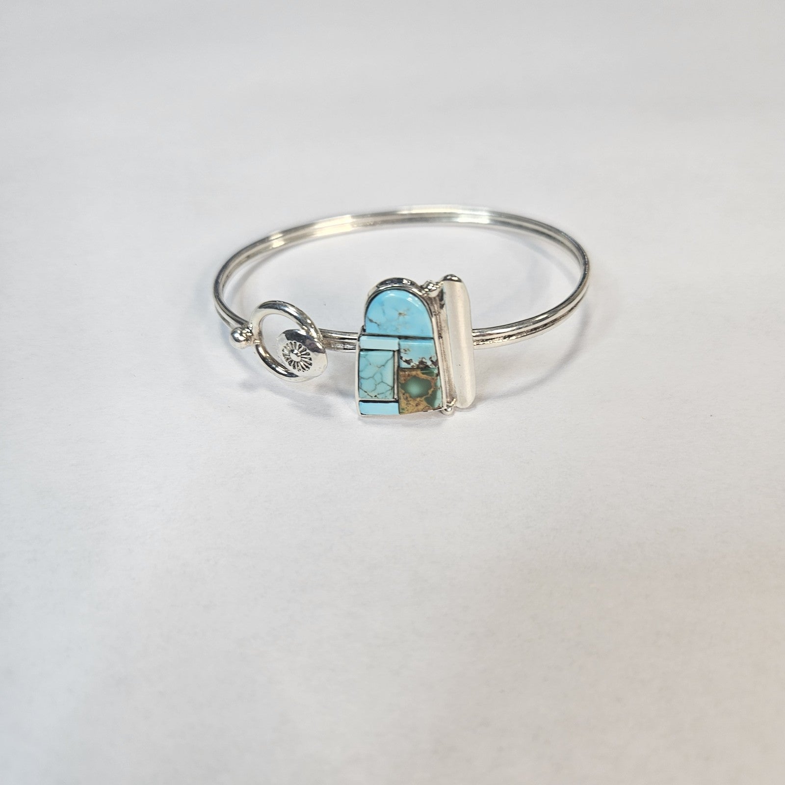 Turquoise and mother of pearl channel inlay sterling silver cuff — Navajo handcrafted by Teddy