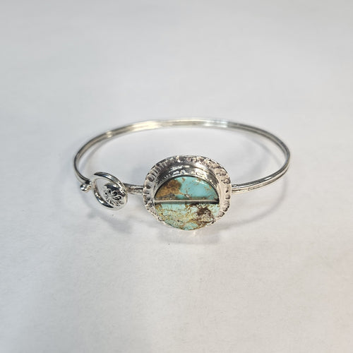 Boulder turquoise cabochon showing host rock, sterling silver cuff — Navajo handcrafted by Teddy
