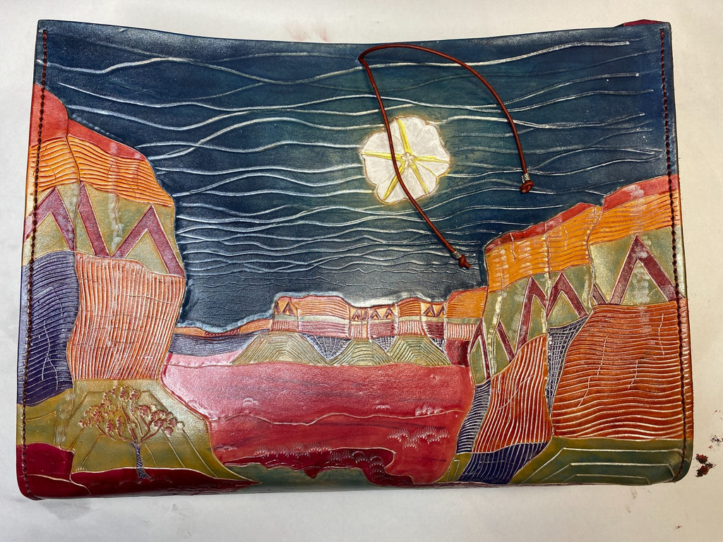 Sunflower & Moonflower Desert Landscape Large Tote — hand-tooled and hand-painted leather, by David Bisett at DB Leather Art