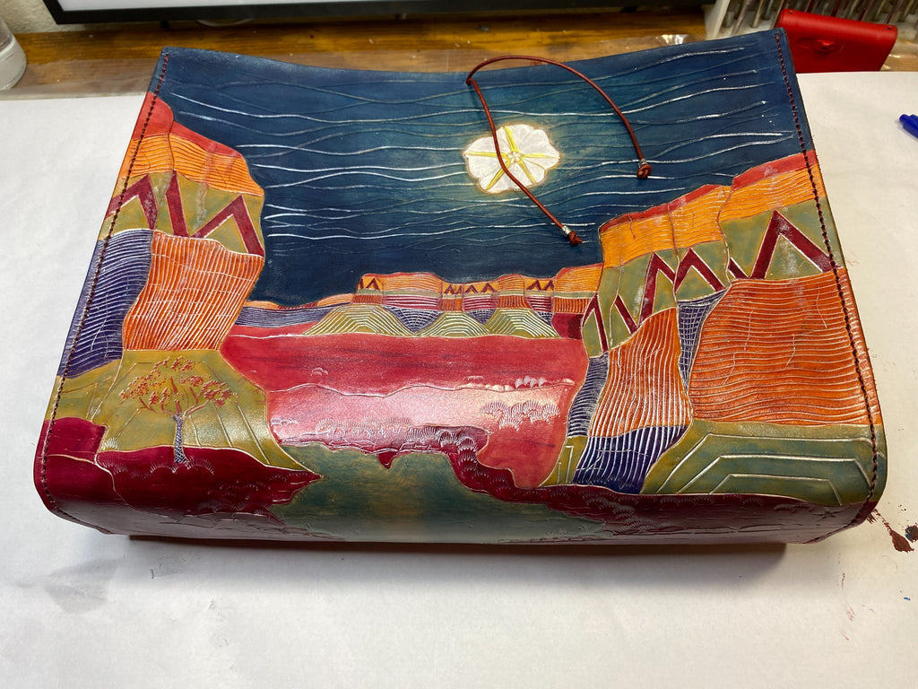 Sunflower & Moonflower Desert Landscape Large Tote — hand-tooled and hand-painted leather, by David Bisett at DB Leather Art