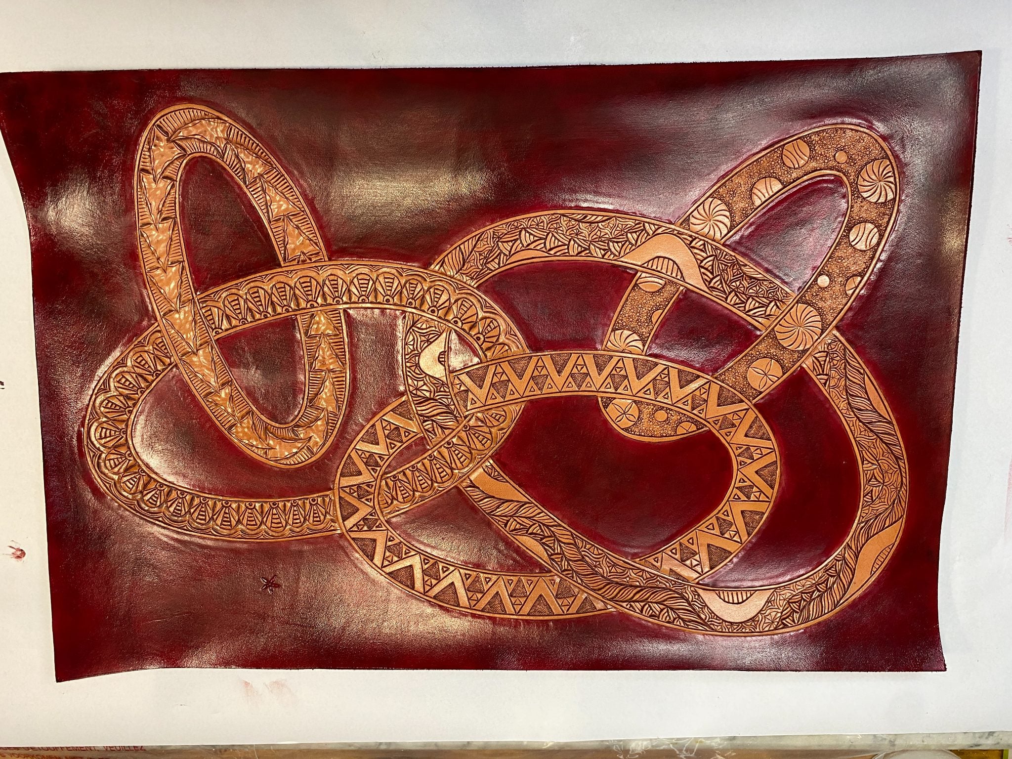 Pentangle Celtic Knot Leather Art Panel — hand-tooled and hand-painted leather, by David Bisett at DB Leather Art