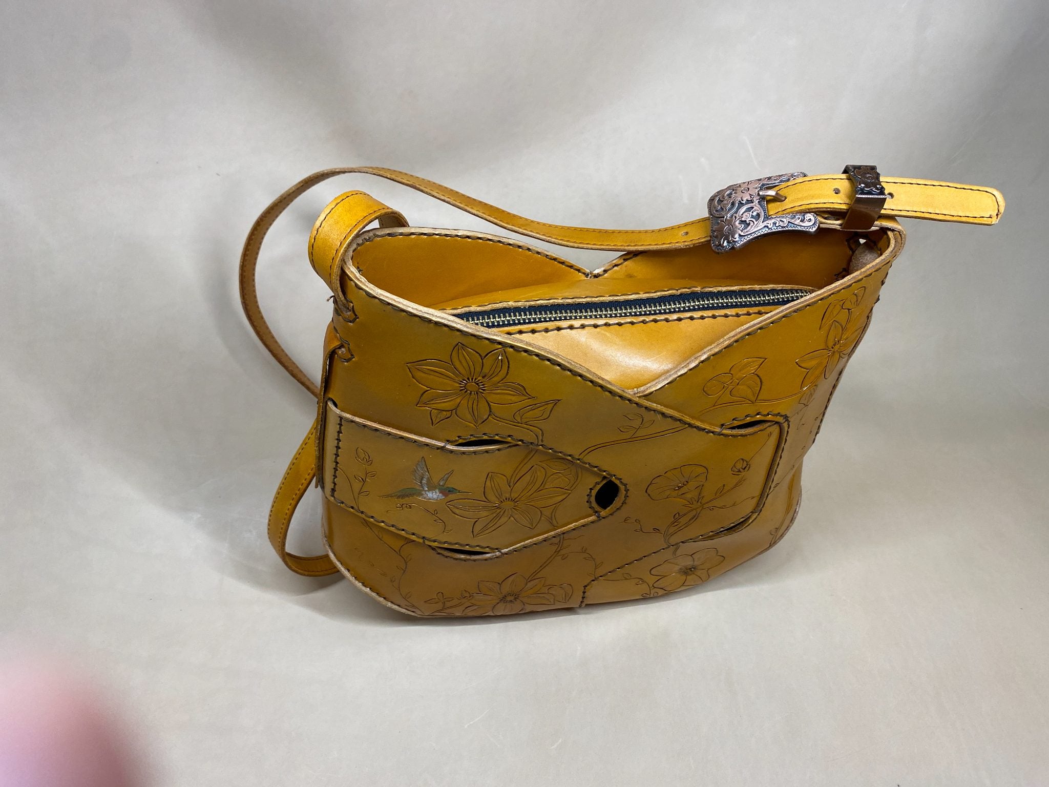 Hummingbird Garden Leather Purse — hand-tooled and hand-painted leather, by David Bisett at DB Leather Art