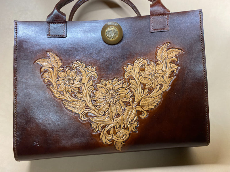 Sunflower Vine Pattern Large Leather Tote