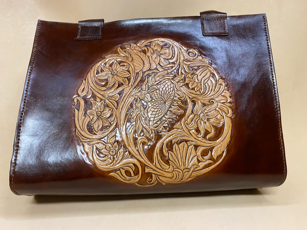Sunflower Vine Pattern Large Leather Tote — hand-tooled and hand-painted leather, by David Bisett at DB Leather Art