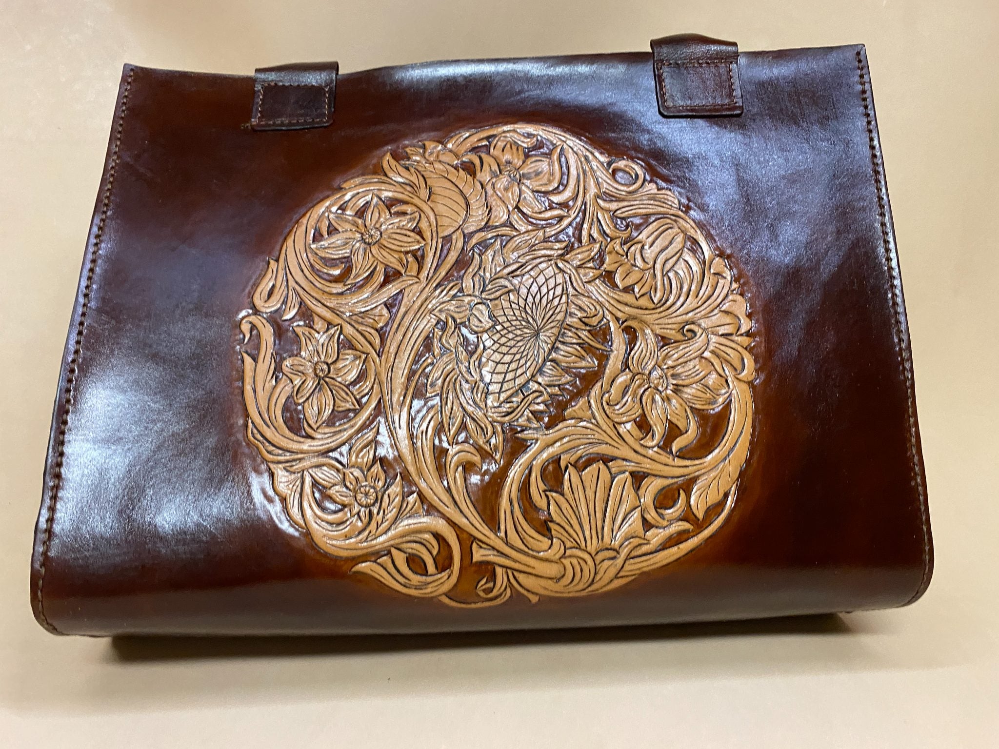 Sunflower Vine Pattern Large Leather Tote — hand-tooled and hand-painted leather, by David Bisett at DB Leather Art