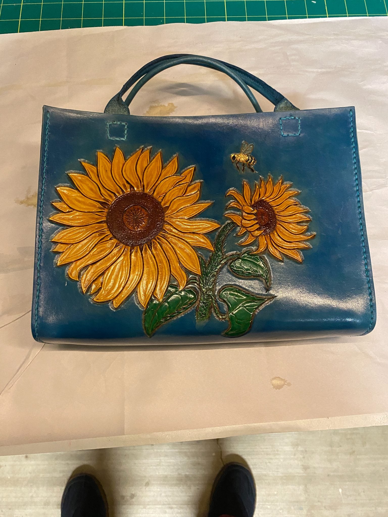 Spring Sunflower Medium Leather Tote — hand-tooled and hand-painted leather, by David Bisett at DB Leather Art