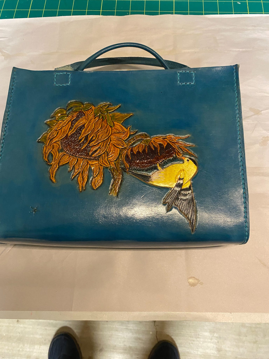 Spring Sunflower Medium Leather Tote — hand-tooled and hand-painted leather, by David Bisett at DB Leather Art