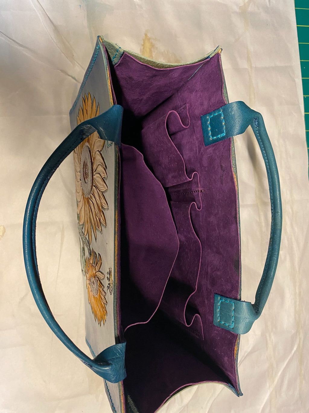 Spring Sunflower Medium Leather Tote — hand-tooled and hand-painted leather, by David Bisett at DB Leather Art