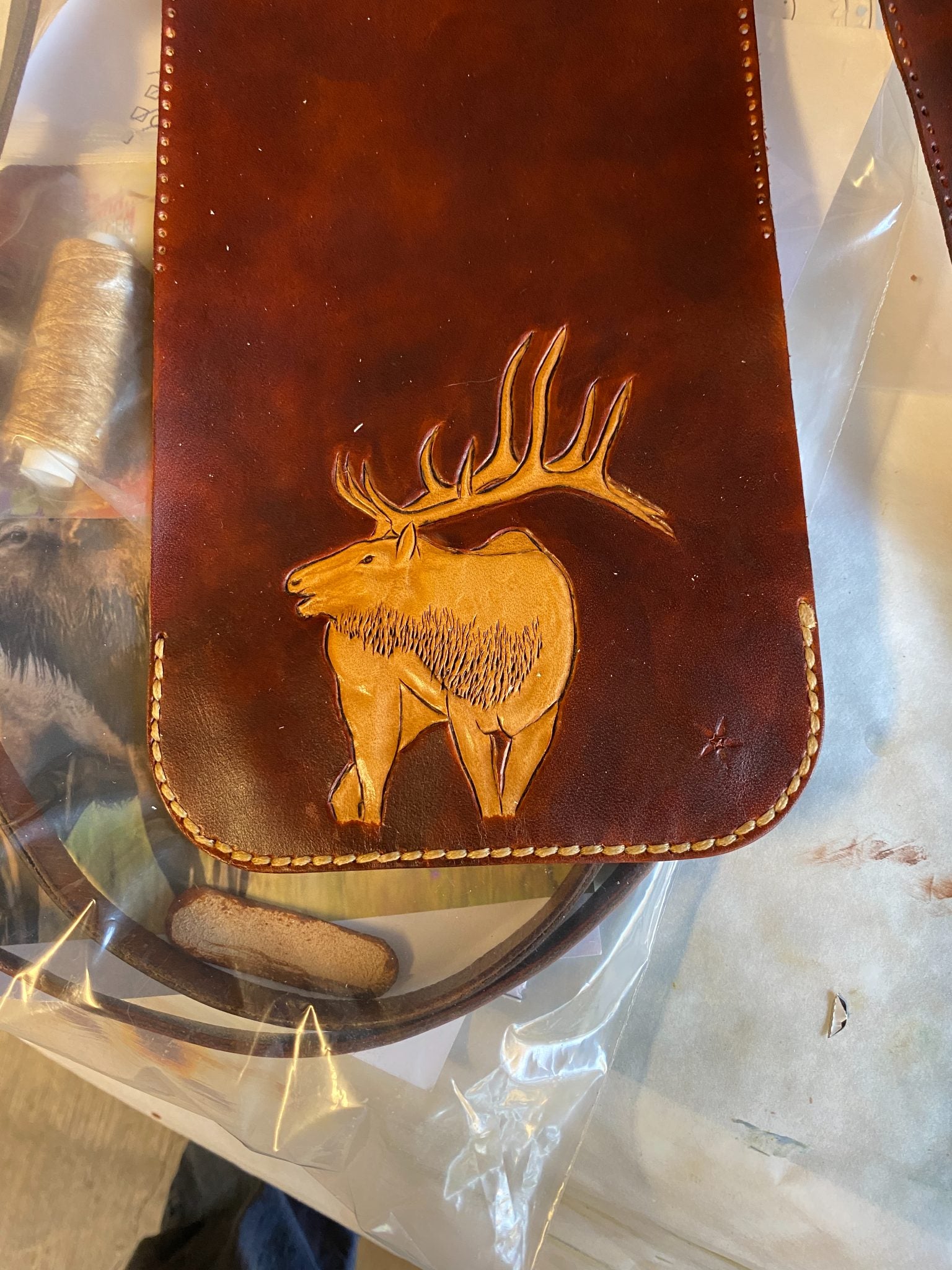 Elk Portrait Crossbody Bag (Medium) — hand-tooled and hand-painted leather, by David Bisett at DB Leather Art