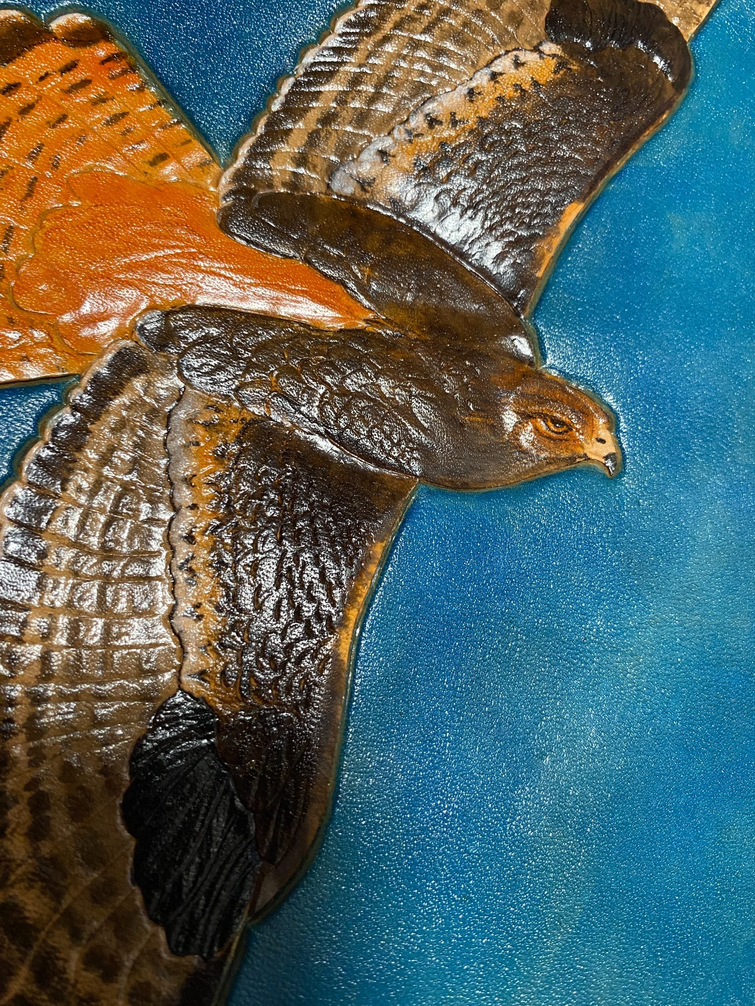 Red-Tailed Hawk Leather Padfolio — hand-tooled and hand-painted leather, by David Bisett at DB Leather Art
