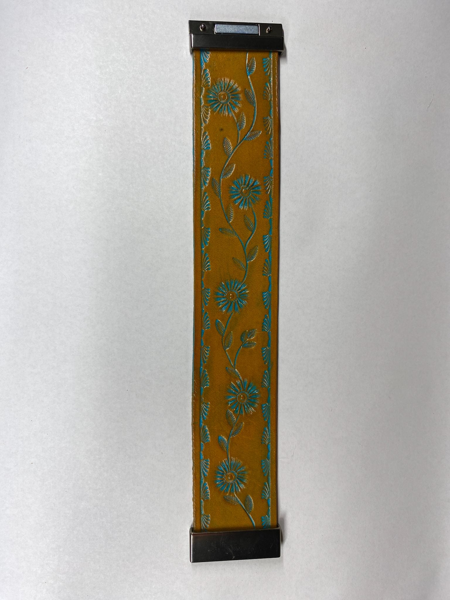 Daisy Vine Leather Cuff Bracelet — Golden Tan & Teal — hand-tooled and hand-painted leather, by David Bisett at DB Leather Art