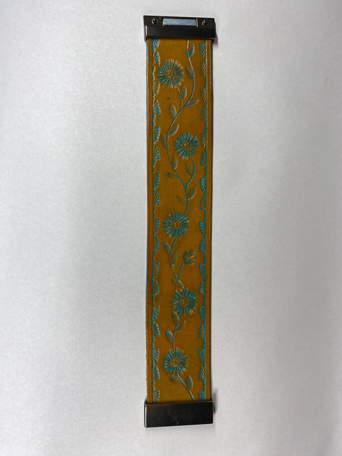 Daisy Vine Leather Cuff Bracelet — Golden Tan & Teal — hand-tooled and hand-painted leather, by David Bisett at DB Leather Art
