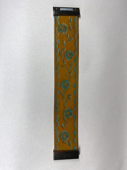 Daisy Vine Leather Cuff Bracelet — Golden Tan & Teal — hand-tooled and hand-painted leather, by David Bisett at DB Leather Art