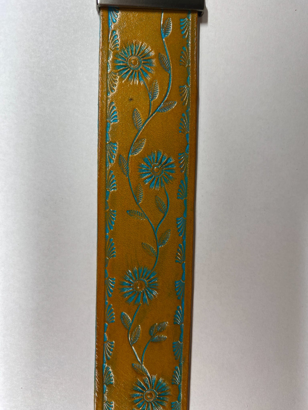 Daisy Vine Leather Cuff Bracelet — Golden Tan & Teal — hand-tooled and hand-painted leather, by David Bisett at DB Leather Art