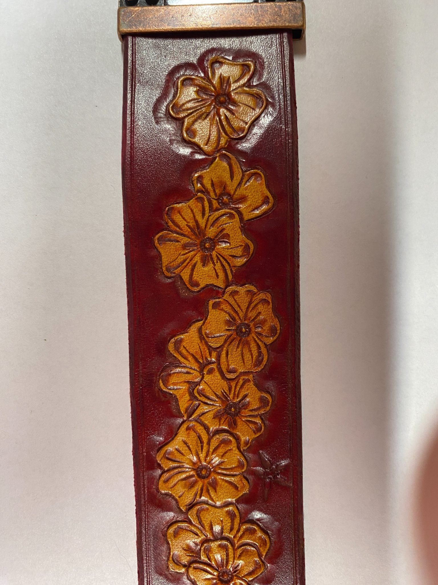 Wild Rose Leather Cuff Bracelet — Burgundy & Amber — hand-tooled and hand-painted leather, by David Bisett at DB Leather Art