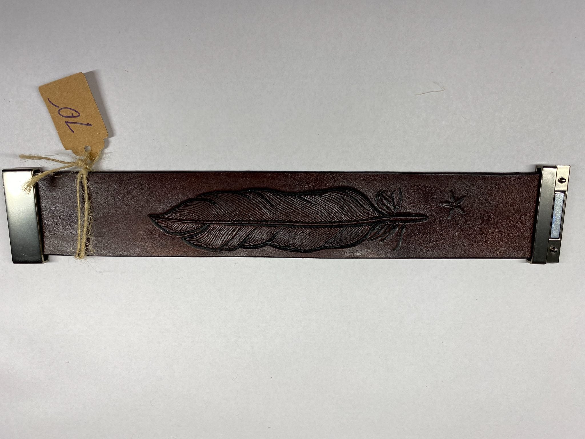 Eagle Feather Leather Cuff Bracelet — Dark Brown — hand-tooled and hand-painted leather, by David Bisett at DB Leather Art