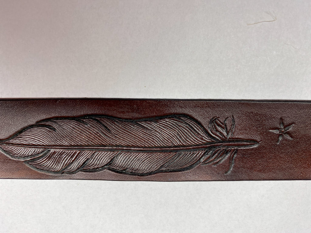 Eagle Feather Leather Cuff Bracelet — Dark Brown — hand-tooled and hand-painted leather, by David Bisett at DB Leather Art