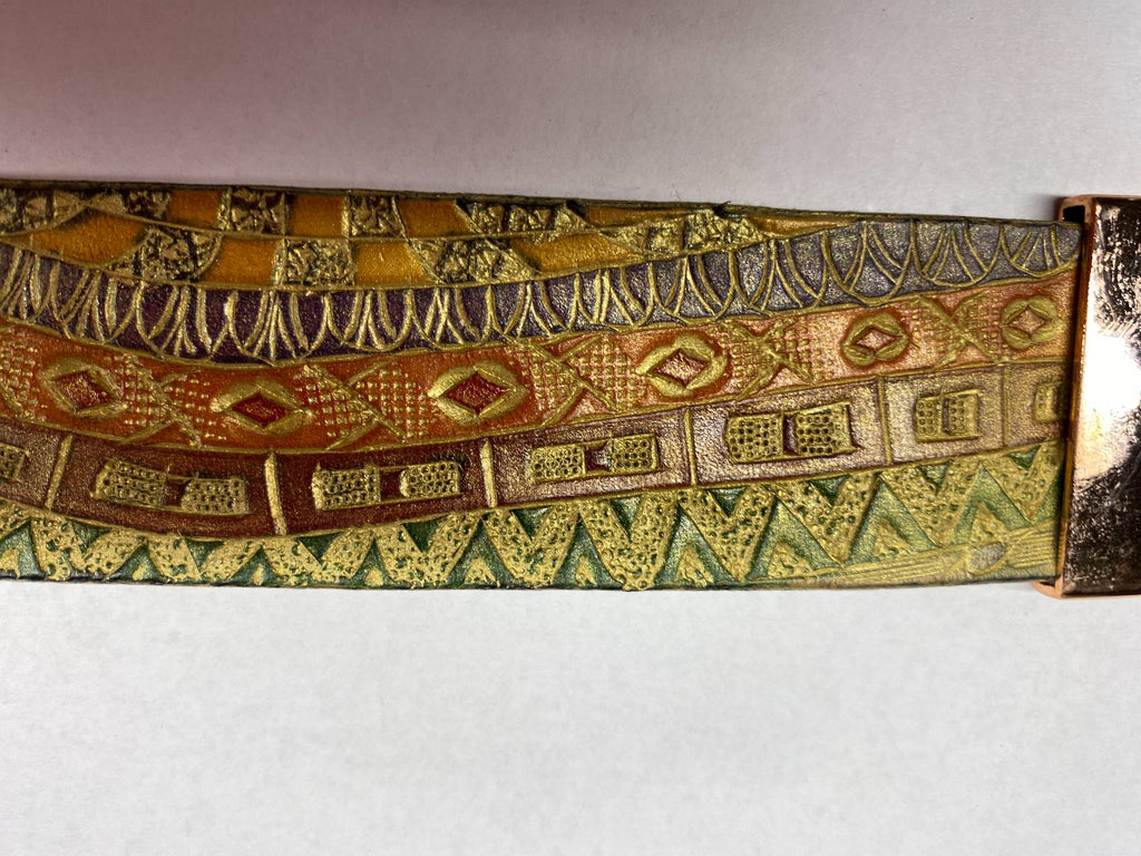 Mosaic Landscape Leather Cuff Bracelet — Earth Tones — hand-tooled and hand-painted leather, by David Bisett at DB Leather Art