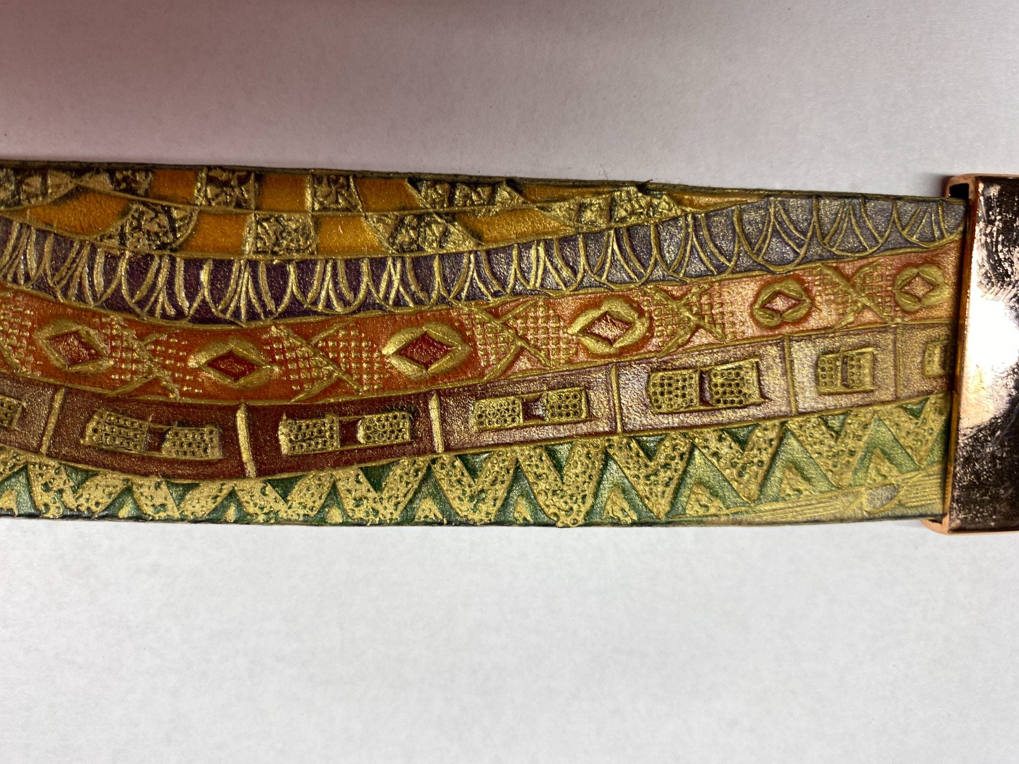 Mosaic Landscape Leather Cuff Bracelet — Earth Tones — hand-tooled and hand-painted leather, by David Bisett at DB Leather Art