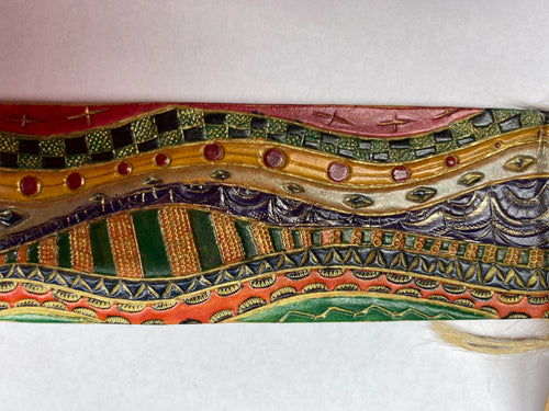 Abstract Mosaic Wave Leather Cuff Bracelet — Multicolor — hand-tooled and hand-painted leather, by David Bisett at DB Leather Art