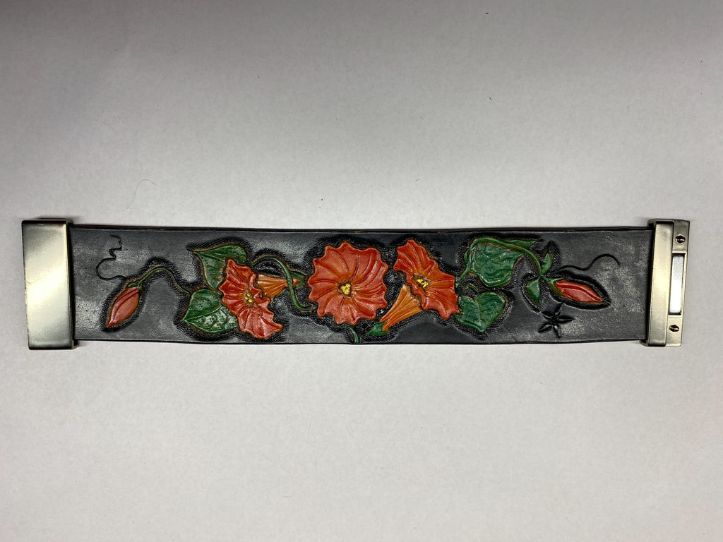 Morning Glory Leather Cuff Bracelet — Black & Coral — hand-tooled and hand-painted leather, by David Bisett at DB Leather Art