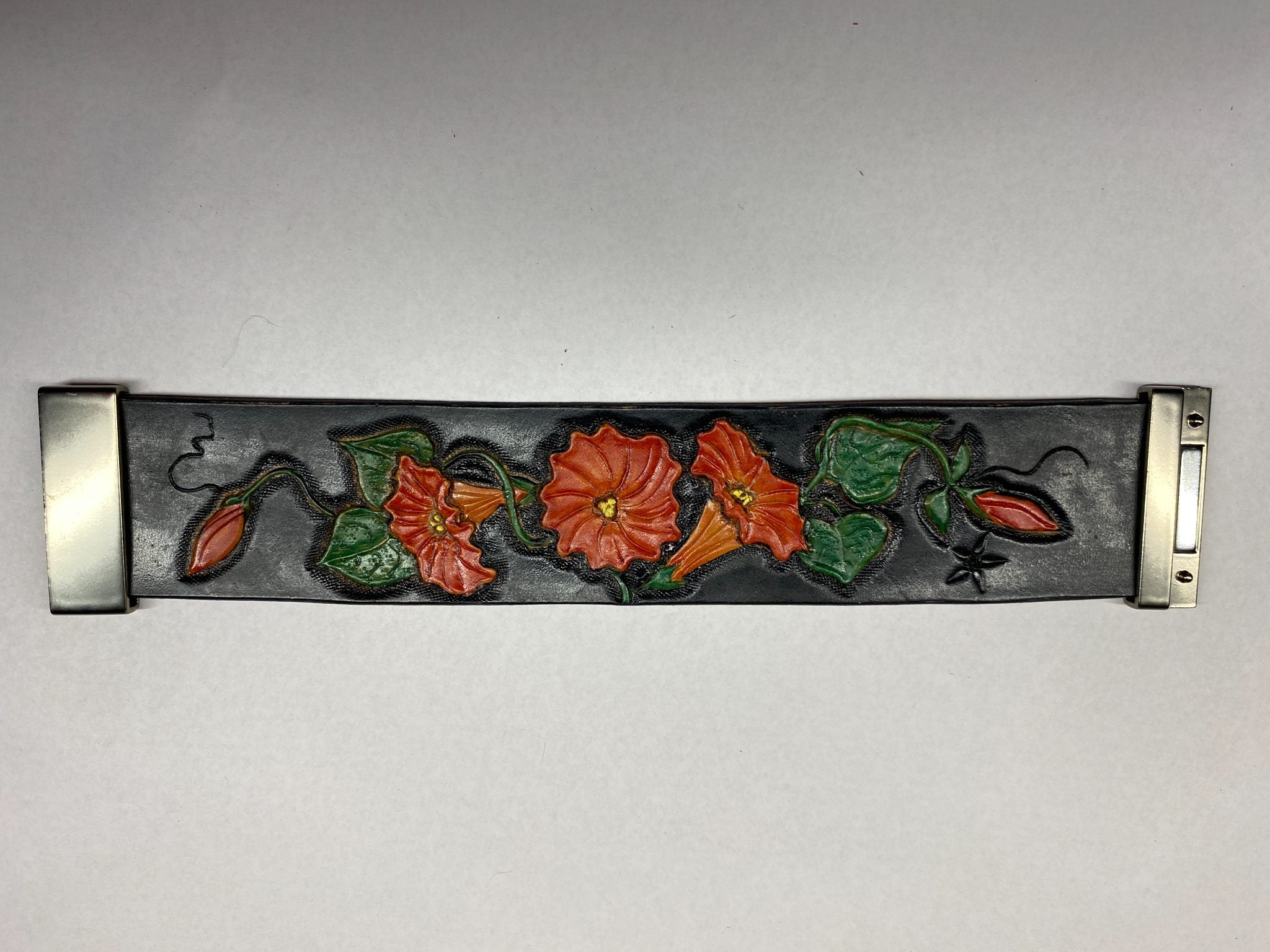 Morning Glory Leather Cuff Bracelet — Black & Coral — hand-tooled and hand-painted leather, by David Bisett at DB Leather Art
