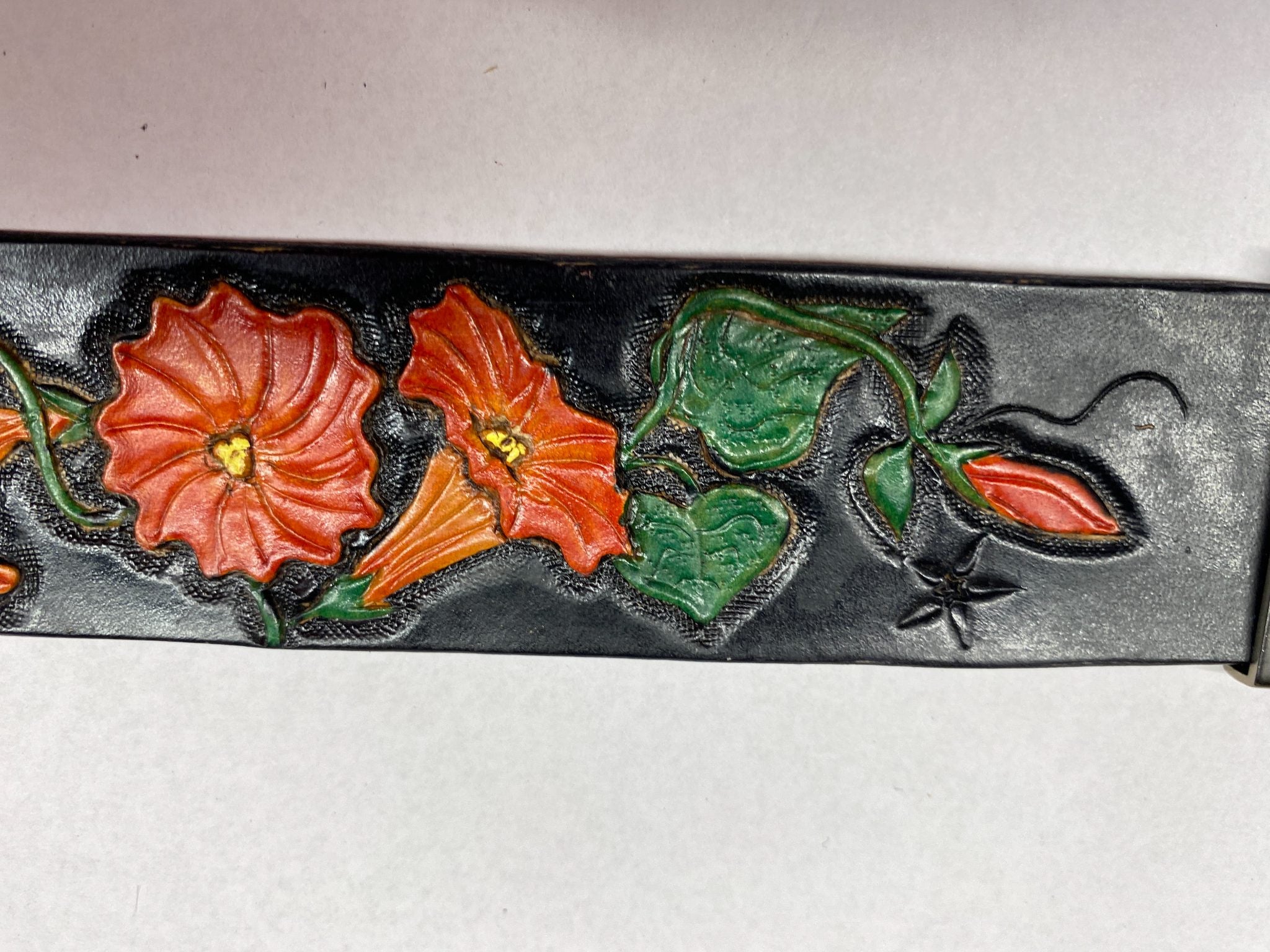 Morning Glory Leather Cuff Bracelet — Black & Coral — hand-tooled and hand-painted leather, by David Bisett at DB Leather Art