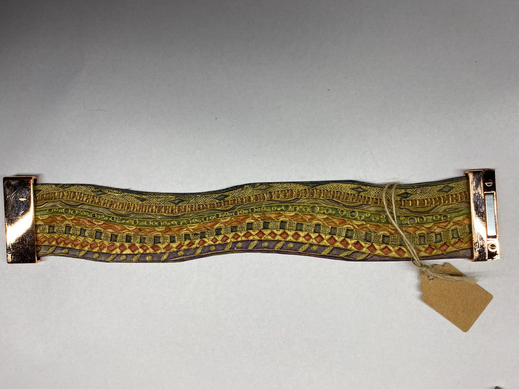 Geometric Bands Leather Cuff Bracelet — Earth Tones — hand-tooled and hand-painted leather, by David Bisett at DB Leather Art