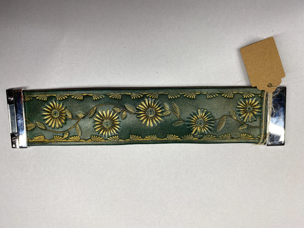 Forest Daisy Leather Cuff Bracelet — Forest Green & Gold — hand-tooled and hand-painted leather, by David Bisett at DB Leather Art