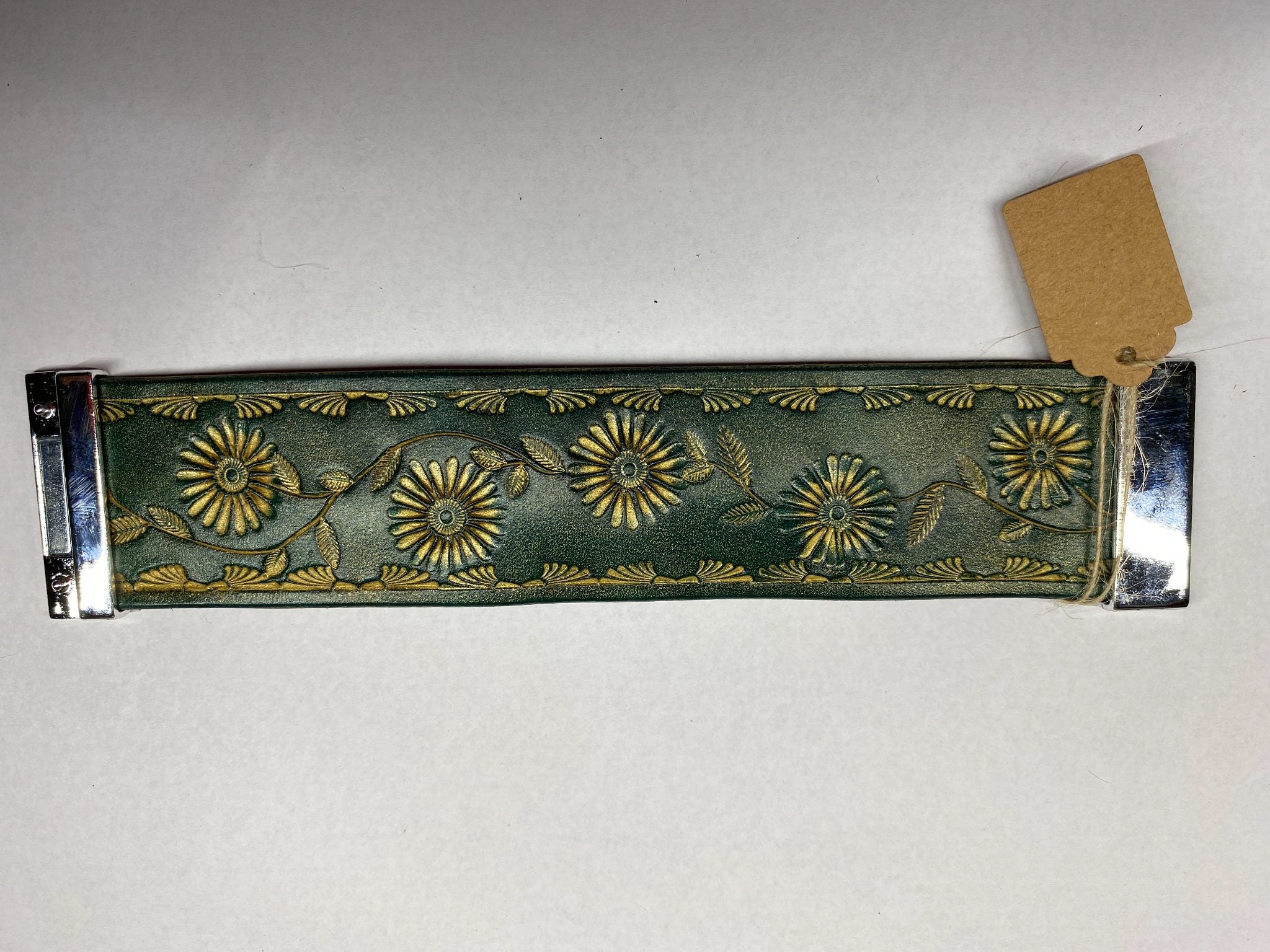 Forest Daisy Leather Cuff Bracelet — Forest Green & Gold — hand-tooled and hand-painted leather, by David Bisett at DB Leather Art