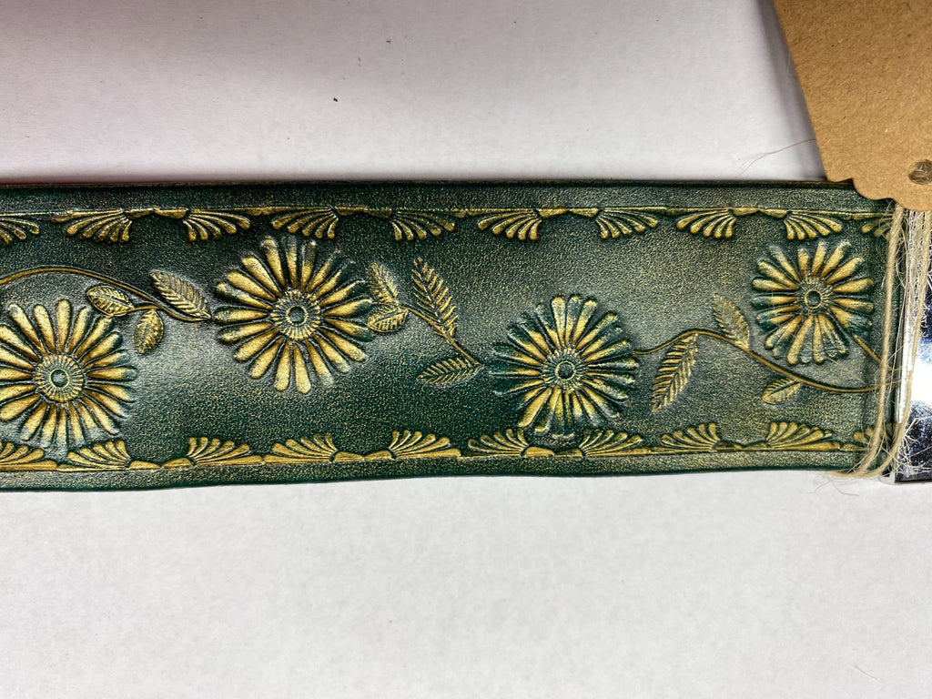 Forest Daisy Leather Cuff Bracelet — Forest Green & Gold — hand-tooled and hand-painted leather, by David Bisett at DB Leather Art