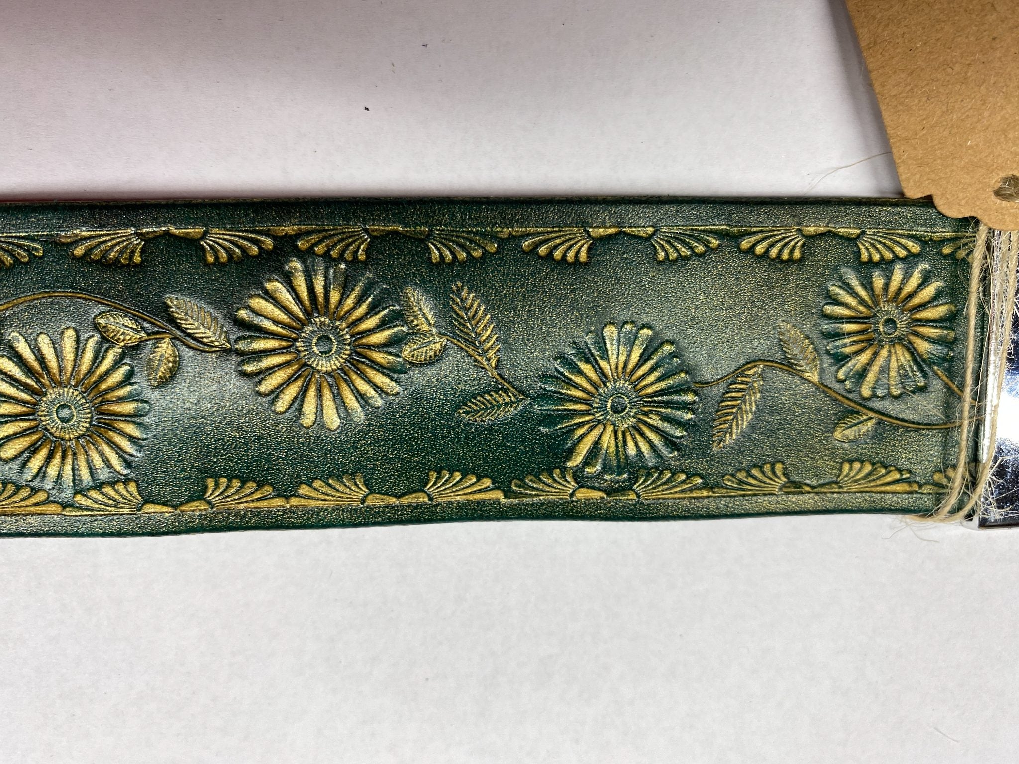 Forest Daisy Leather Cuff Bracelet — Forest Green & Gold — hand-tooled and hand-painted leather, by David Bisett at DB Leather Art
