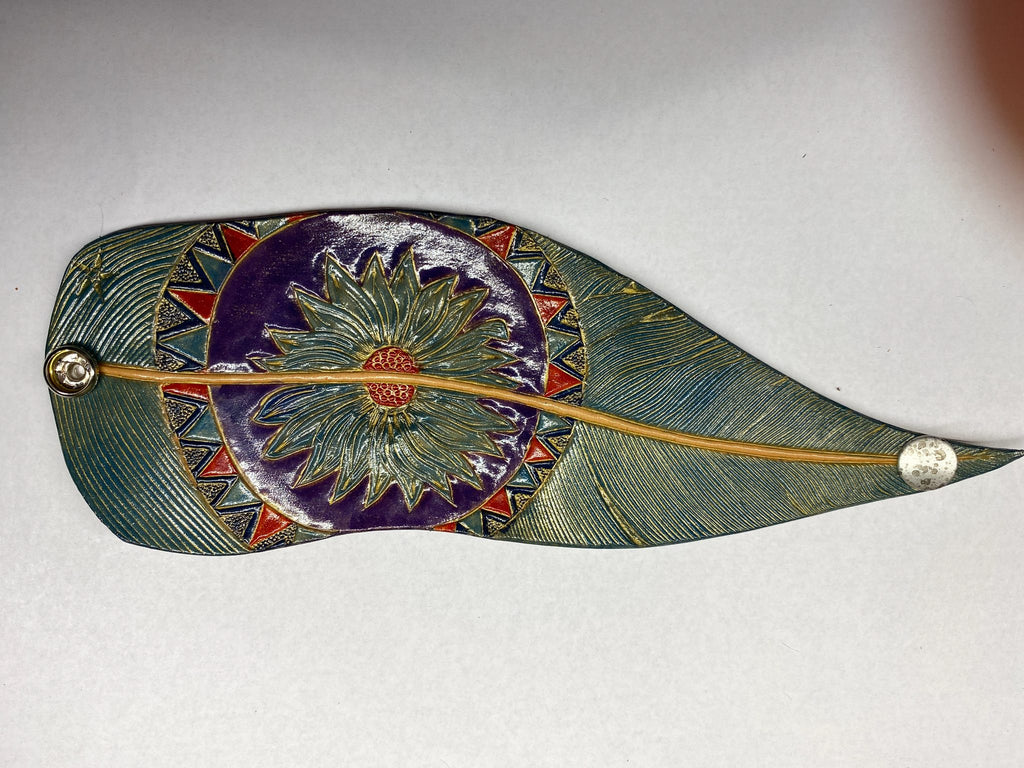 Sunflower Medallion Leather Hair Slide — hand-tooled and hand-painted leather, by David Bisett at DB Leather Art