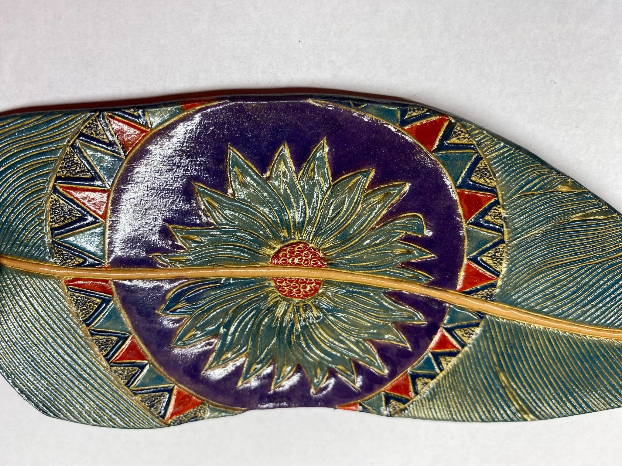 Sunflower Medallion Leather Hair Slide — hand-tooled and hand-painted leather, by David Bisett at DB Leather Art