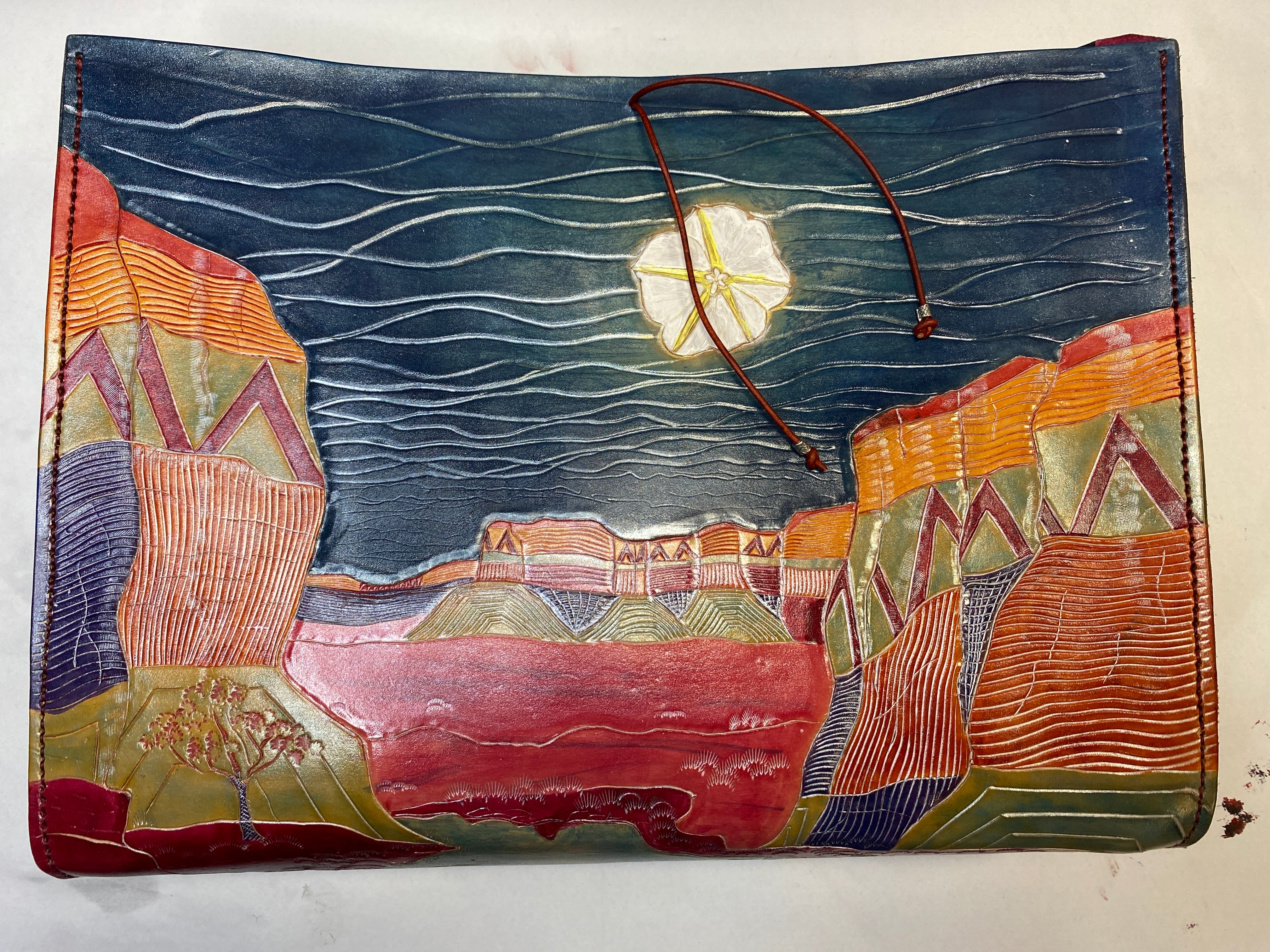 Sunflower & Moonflower Desert Landscape Large Tote — hand-tooled leather by David Bisett